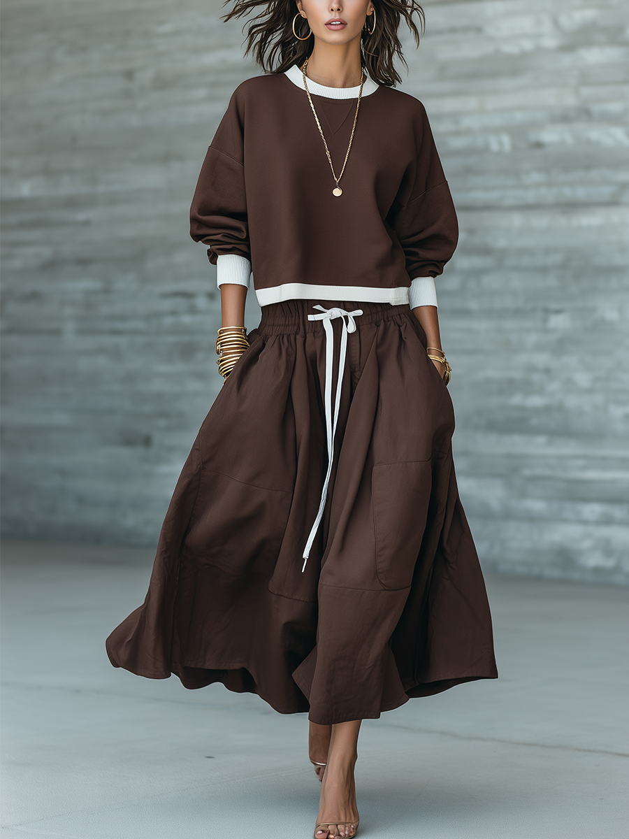 Chocolate Brown Cotton Drawstring Midi Skirt Set
