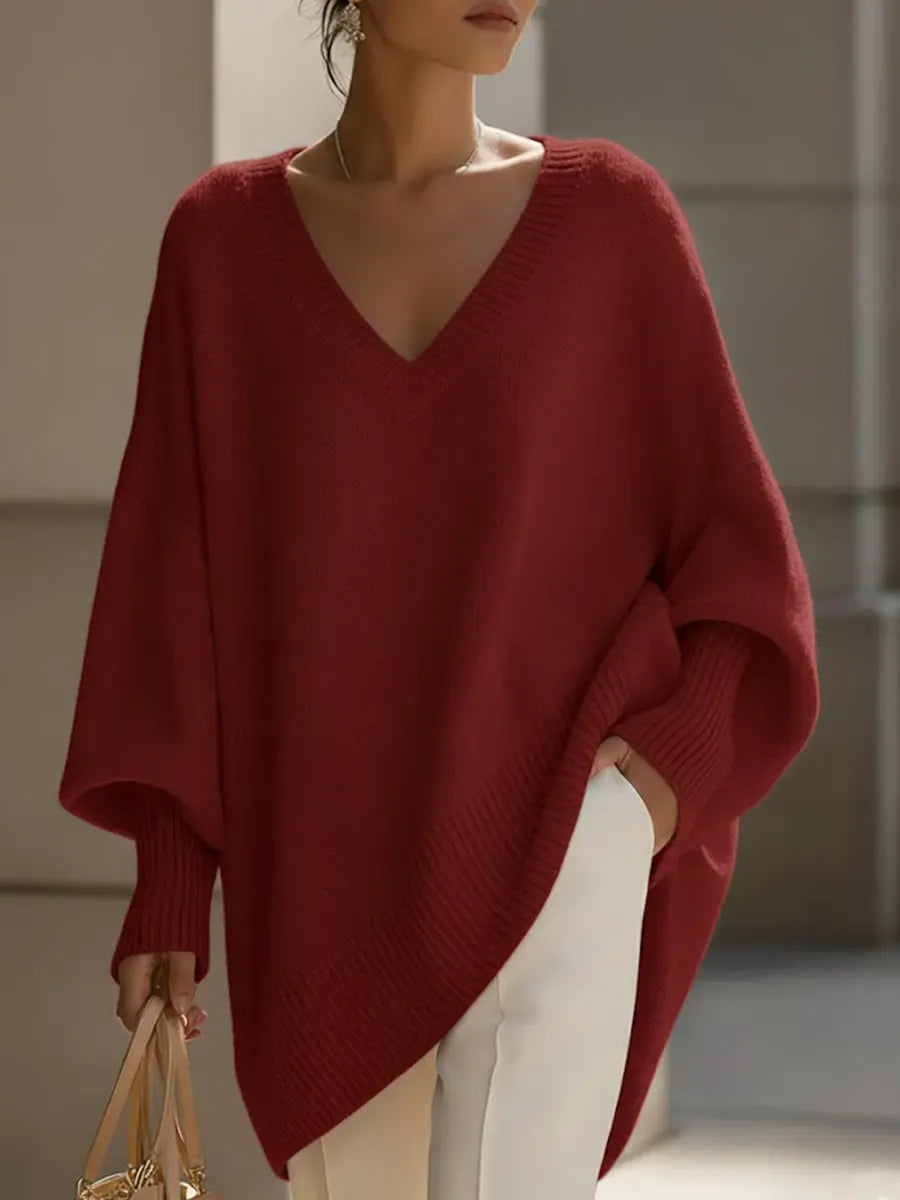 Women's Solid Color V-neck Long-sleeved Casual Loose-fitting Knitted Pullover Sweater