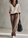 Women's Color Block V-Neck Long Sleeve Top and Striped Wide Leg Pants Two-Piece Set