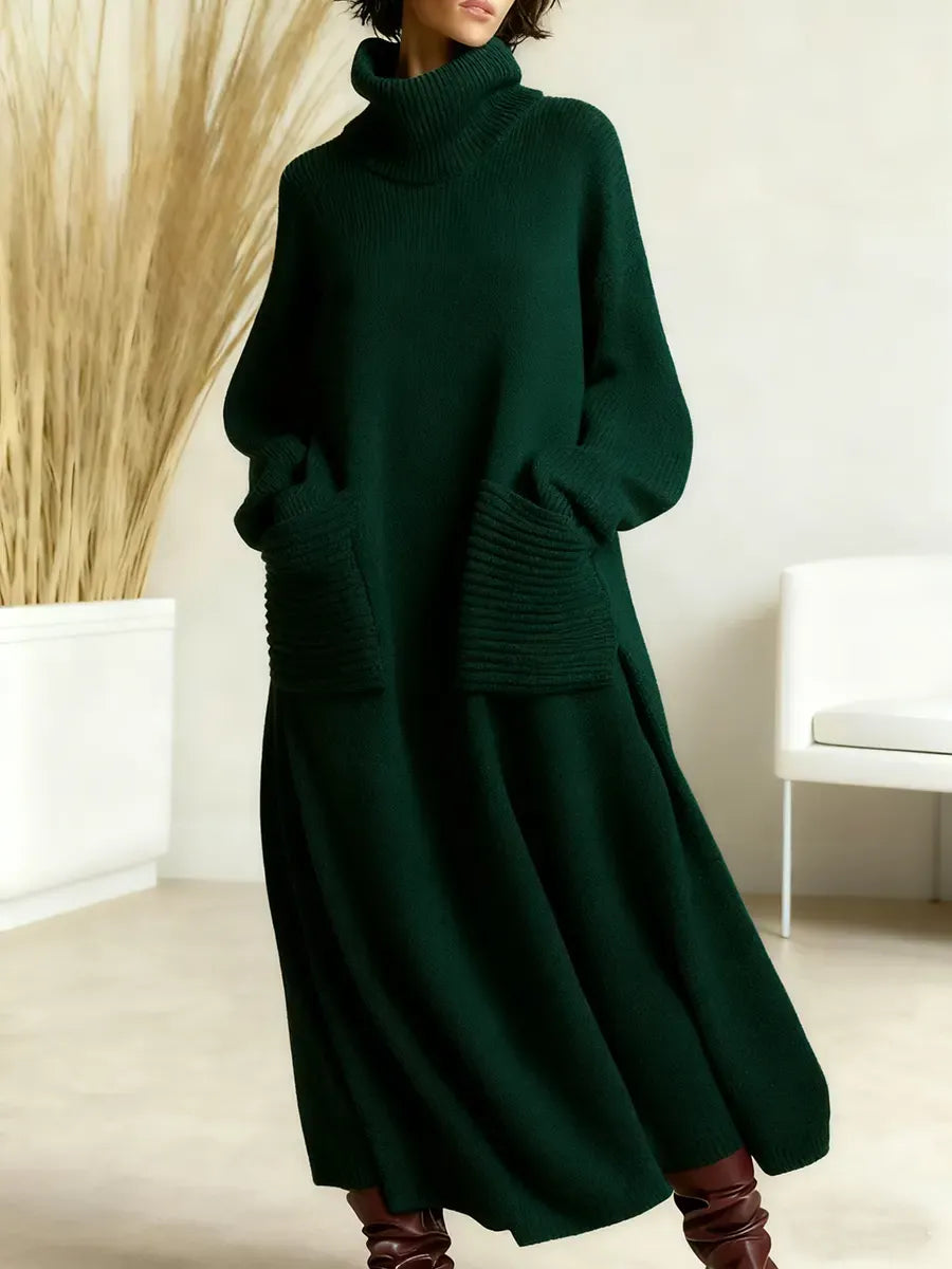 Women's Solid Color High-Neck Long-Sleeve Casual Loose Knit Dress