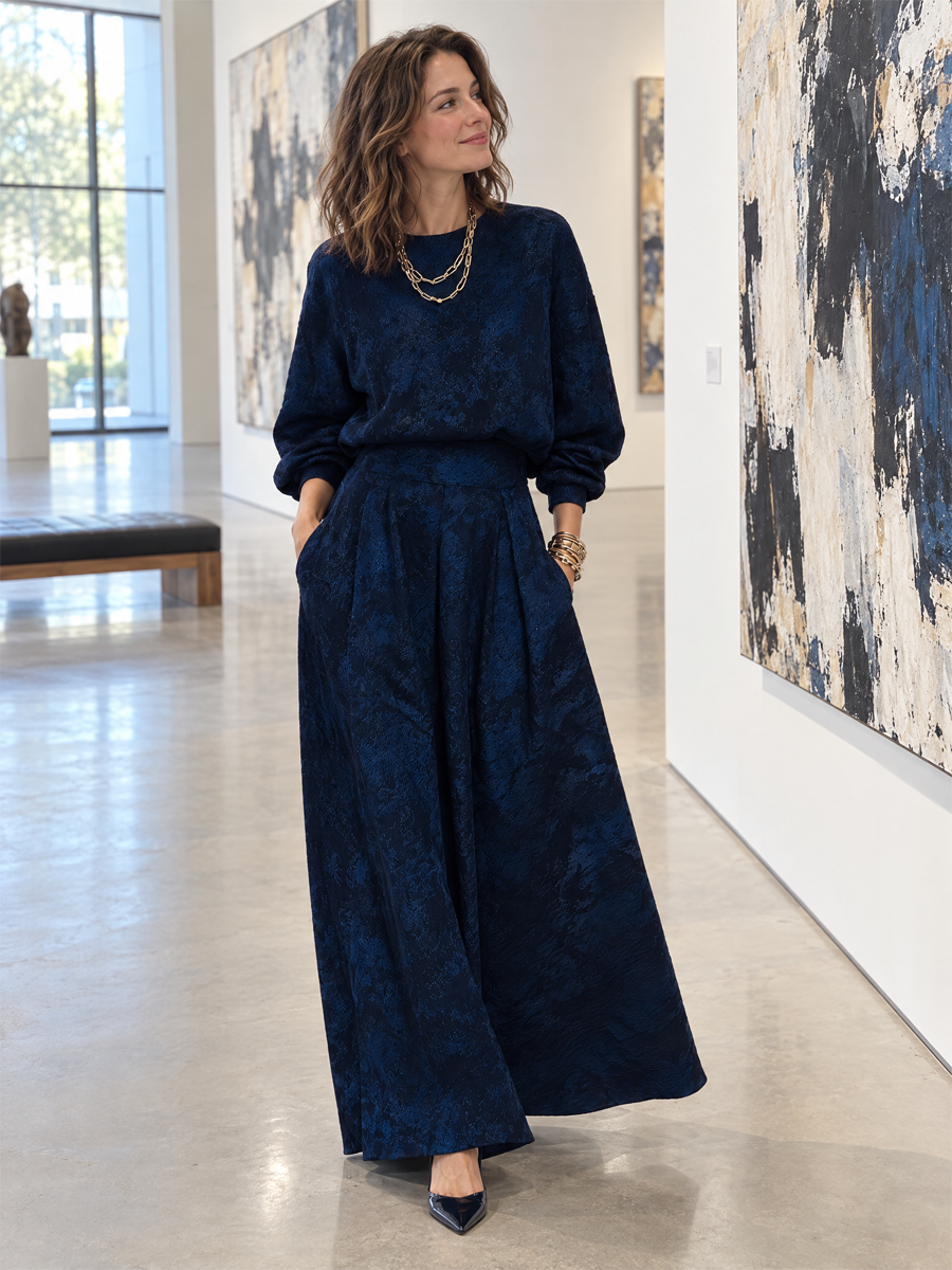 Navy Blue Textured Lantern Sleeve Top And Skirt Set