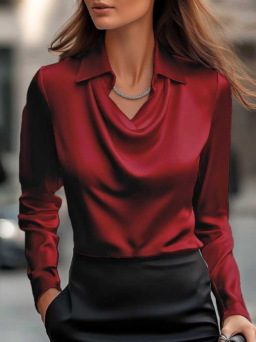 Women's Solid Color Casual Elegant Cowl Neck Long-sleeved Shirt