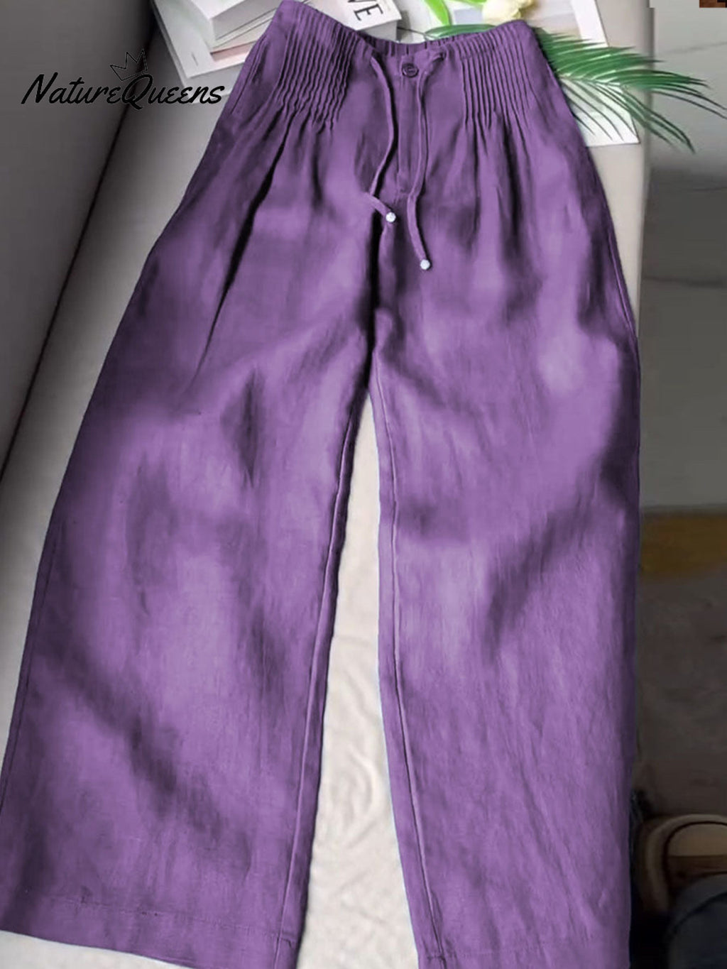 🔥Limited time promotion Women's Solid Color Pleated Drawstring Casual Cotton and Linen Wide Leg Pants