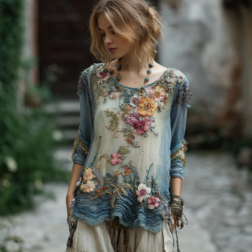 Women's Vintage Floral Wave Embroidery Pattern Crew Neck Shirt