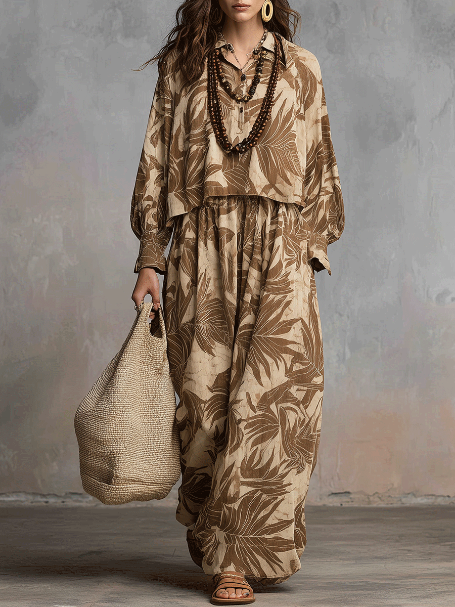 Earthy Leaf Print Bohemian Lounge Set