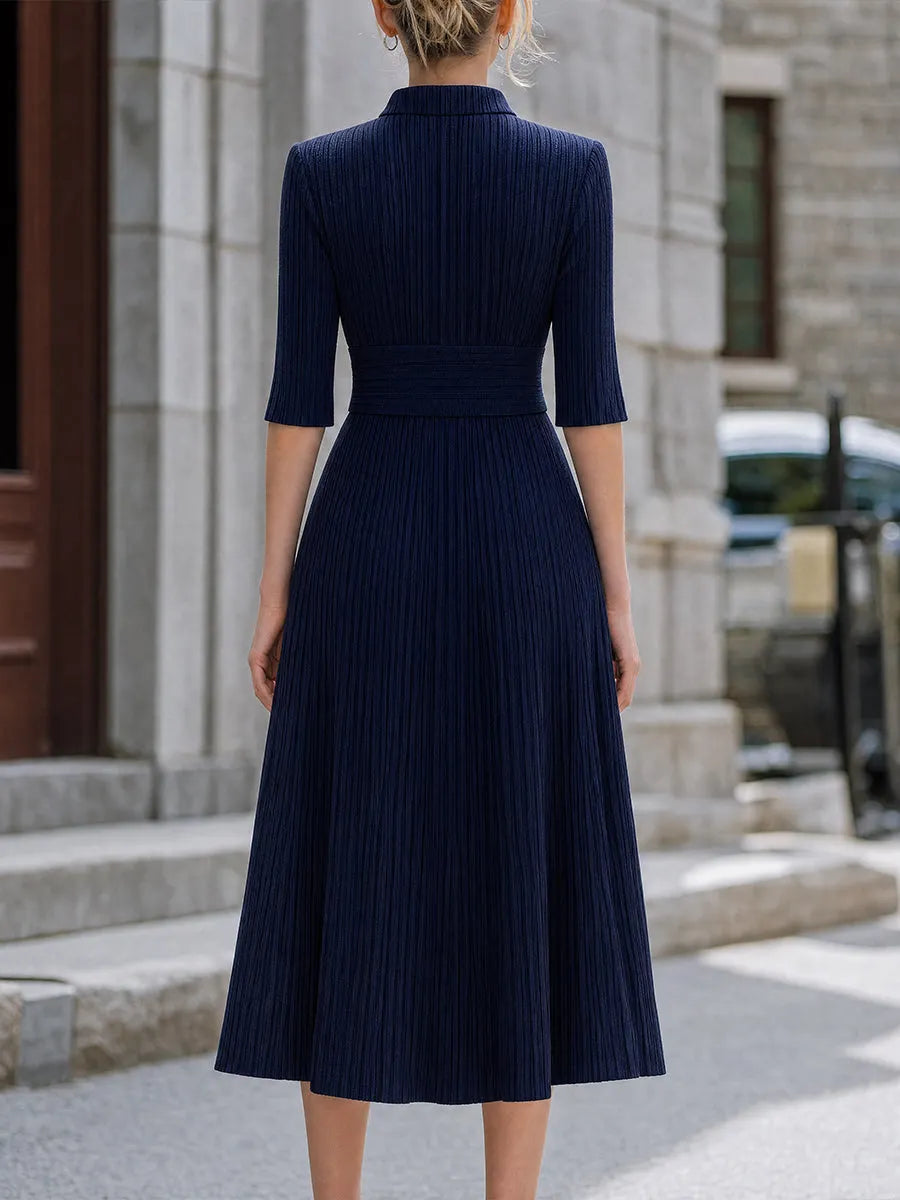 Mock Neck Ribbed Knit Flare Midi Dress