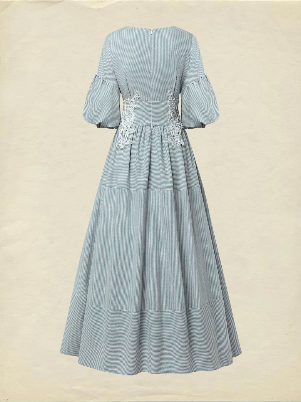 Maxi Cotton Dress, Half Sleeve, V Neck, Striped, Lace, Vintage, Blue