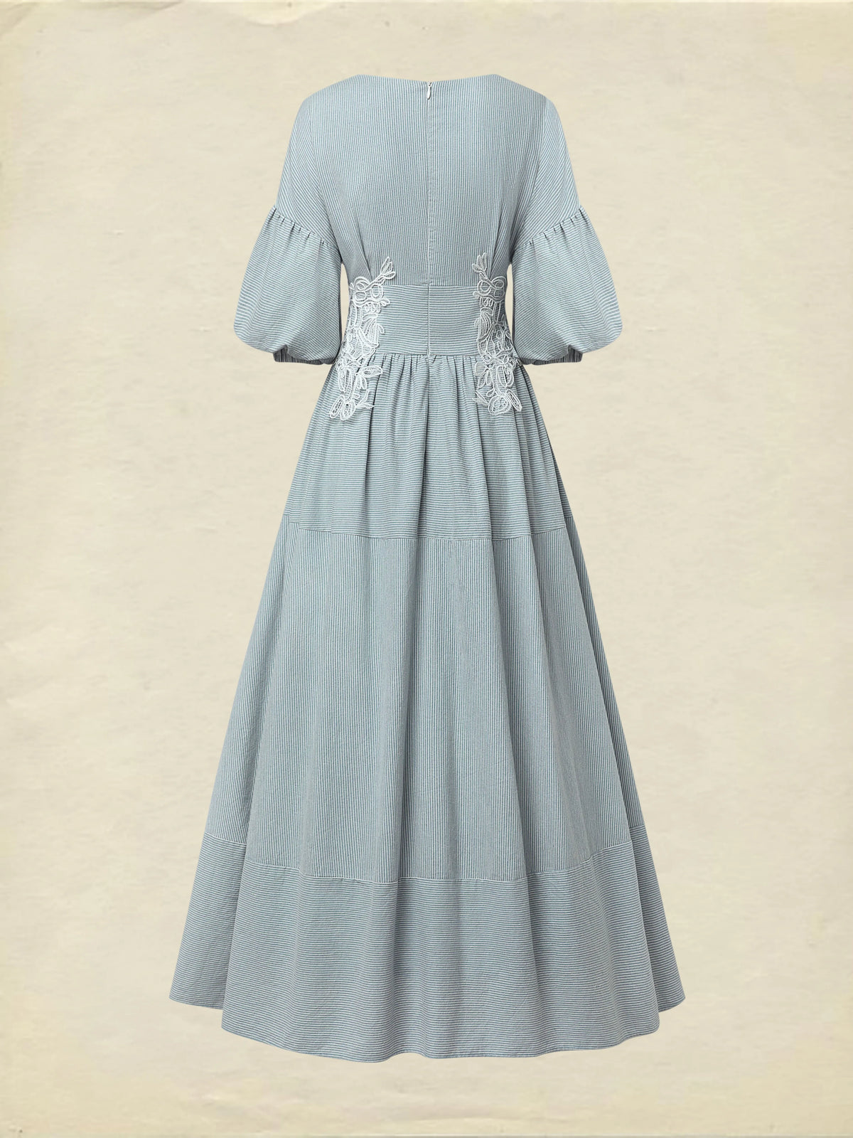 Maxi Cotton Dress, Half Sleeve, V Neck, Striped, Lace, Vintage, Blue