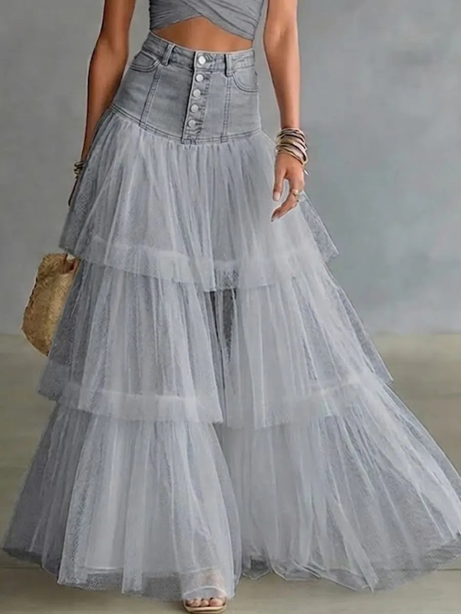 Stylish Casual Spliced mesh Denim Skirt