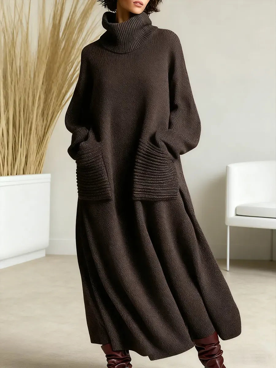 Women's Solid Color High-Neck Long-Sleeve Casual Loose Knit Dress