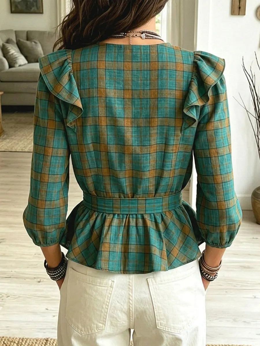 Women's Plaid Pattern Ruffled Art Casual Stylish Cotton Linen Shirt