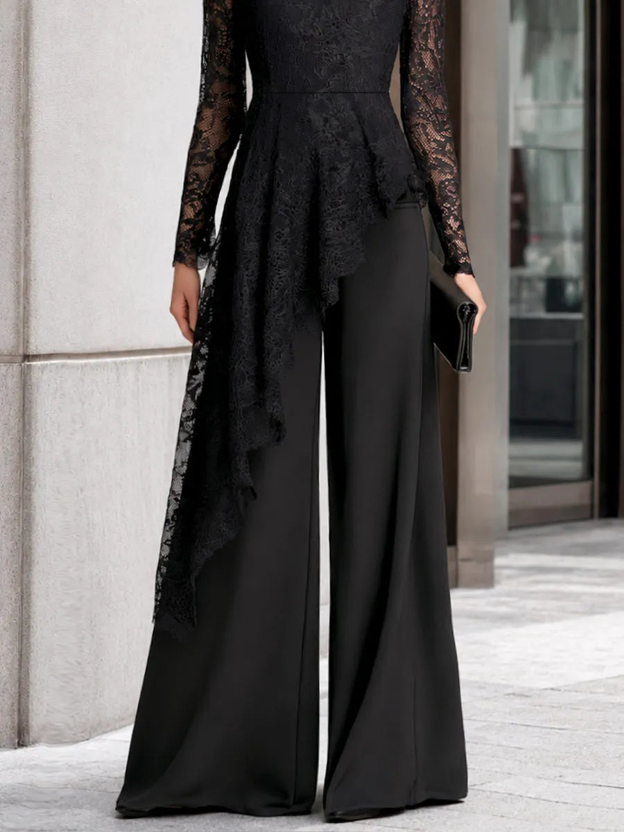 Lace Overlay Asymmetric Wide-Leg Jumpsuit