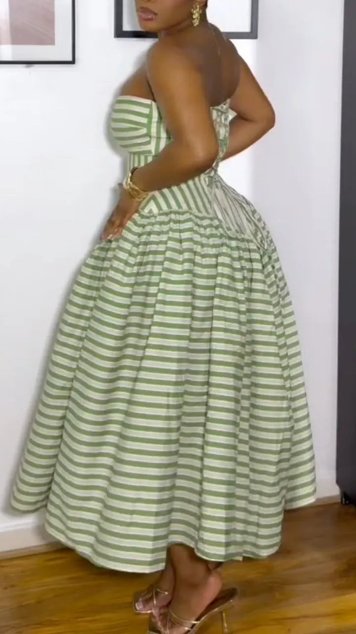 Green And White Striped Strapless Twist Bust High Waist Flared Midi Dressni Dress
