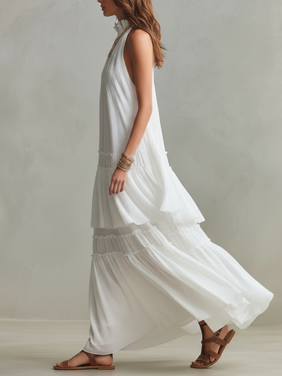 Airy High-Neck Tiered Bohemian Maxi Dress