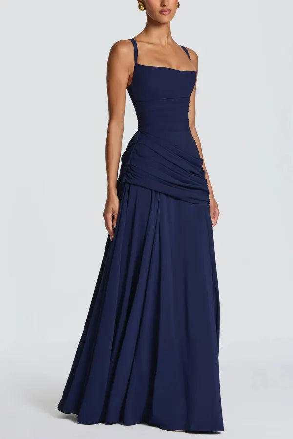 Stylish Spaghetti Strap Square Neck Slim-fit Elegant Pleated Maxi Dress