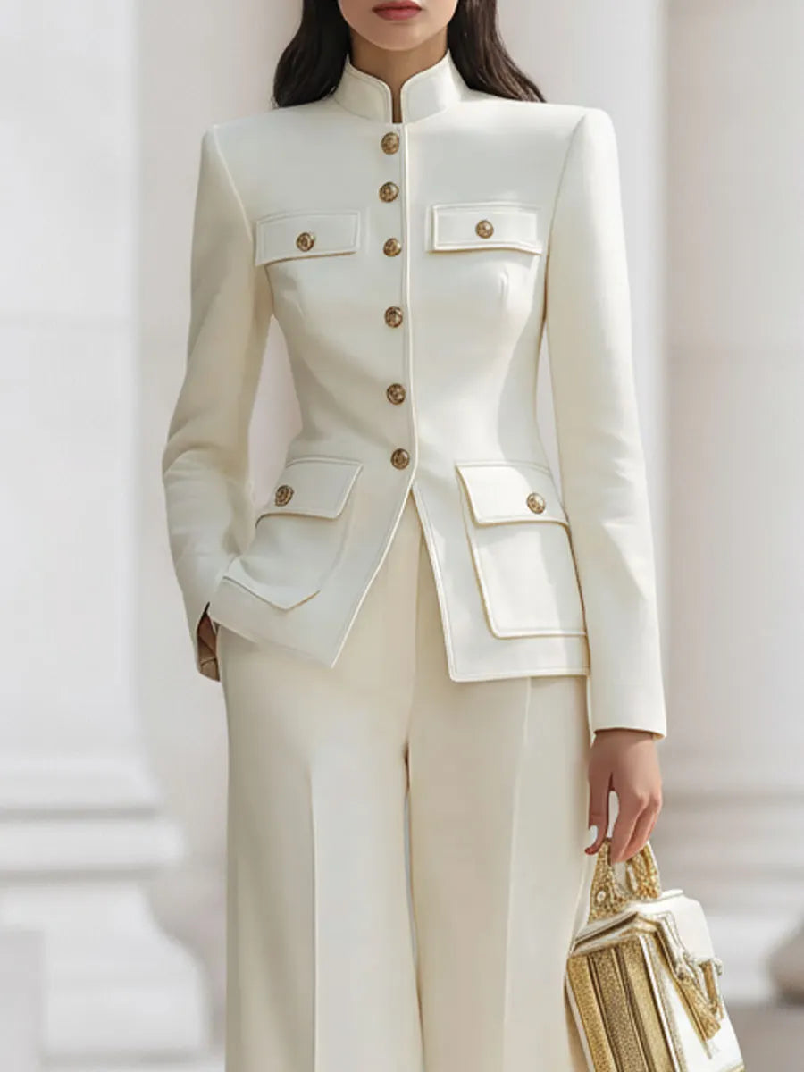 Elegant Cream Military-Inspired Tailored Suit Set With Gold Accents