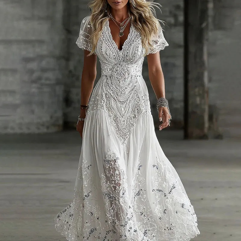 Women's Vintage Floral Art Linen Blend V Neck Maxi Dress