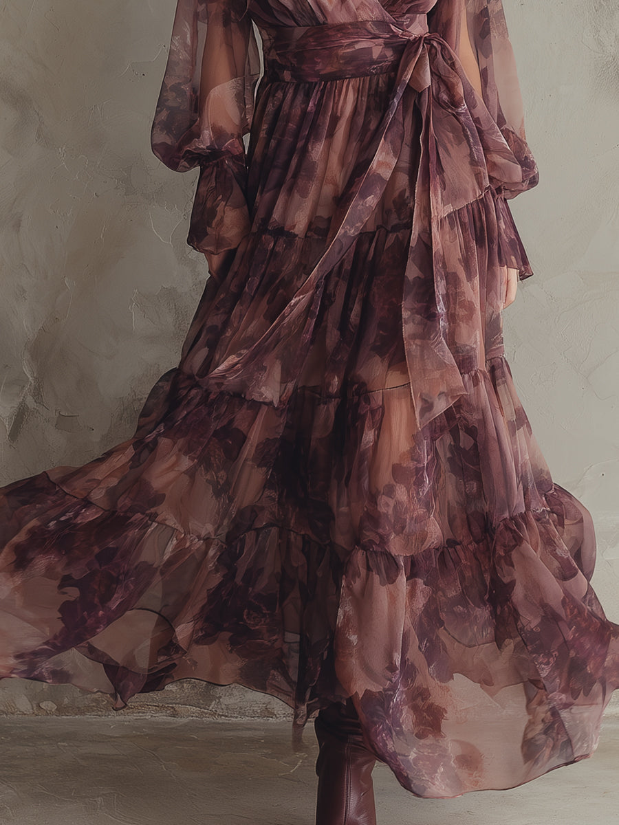 Romantic Holiday Printed Chiffon Ruffle Hem Maxi Dress
