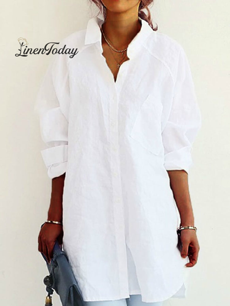 Women's Cotton Linen Pocket Casual Shirt Skirt