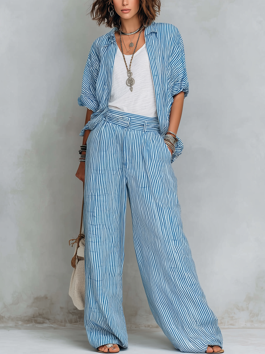 Casual Blue And White Striped Shirt And Wide Leg Pants Set