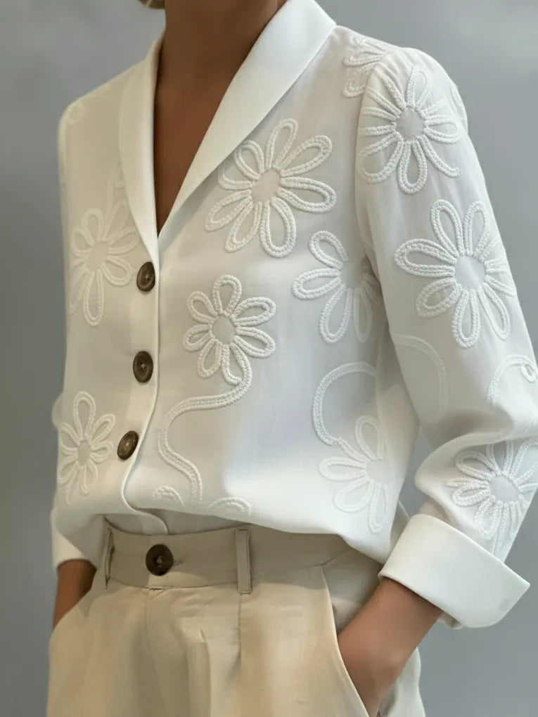 Vintage Floral Embroidered Shawl Collar Blouse