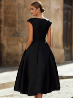 Timeless Elegance Boat-Neck A-Line Midi Dress With Oversized Side Bow