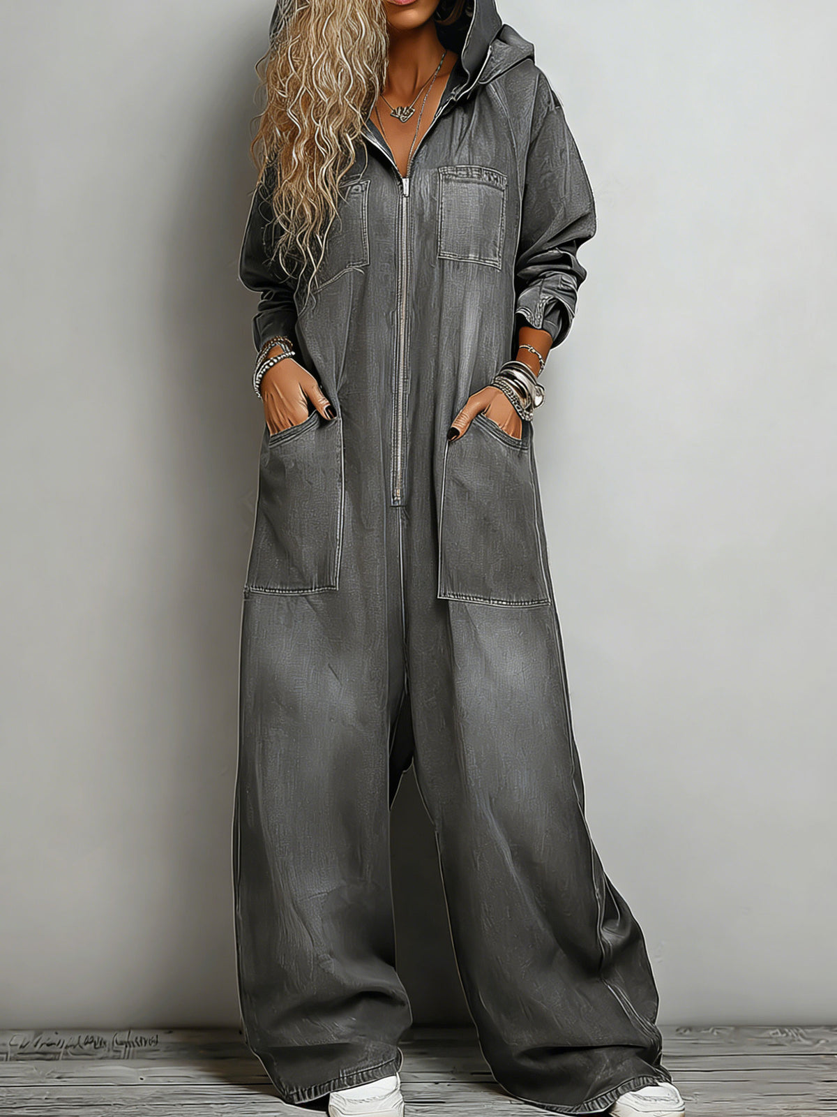 Women’s Hooded One Piece Denim Jumpsuit