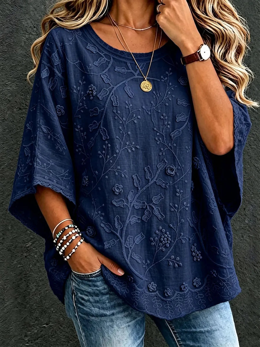 Women'S Cotton Linen Flower Casual Loose Top