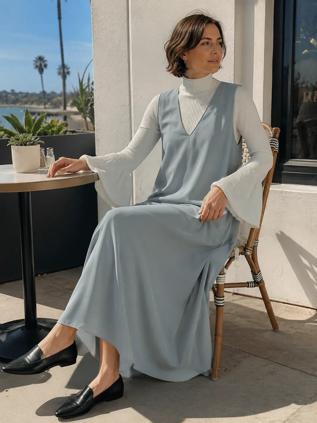 Sleeveless V-Neck Maxi Dress With Layered Turtleneck Top Set