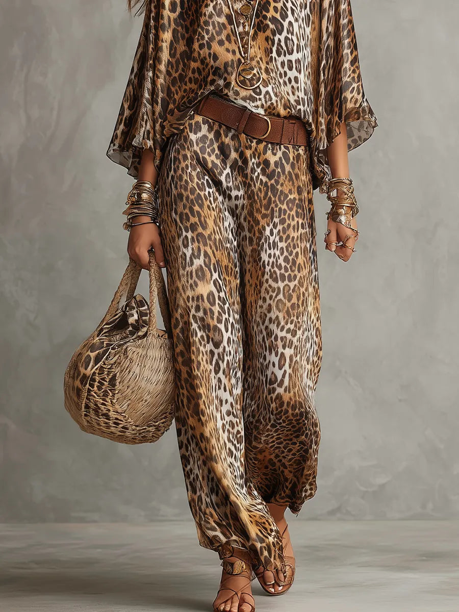 Bohemian Leopard Print Batwing Sleeve Suit