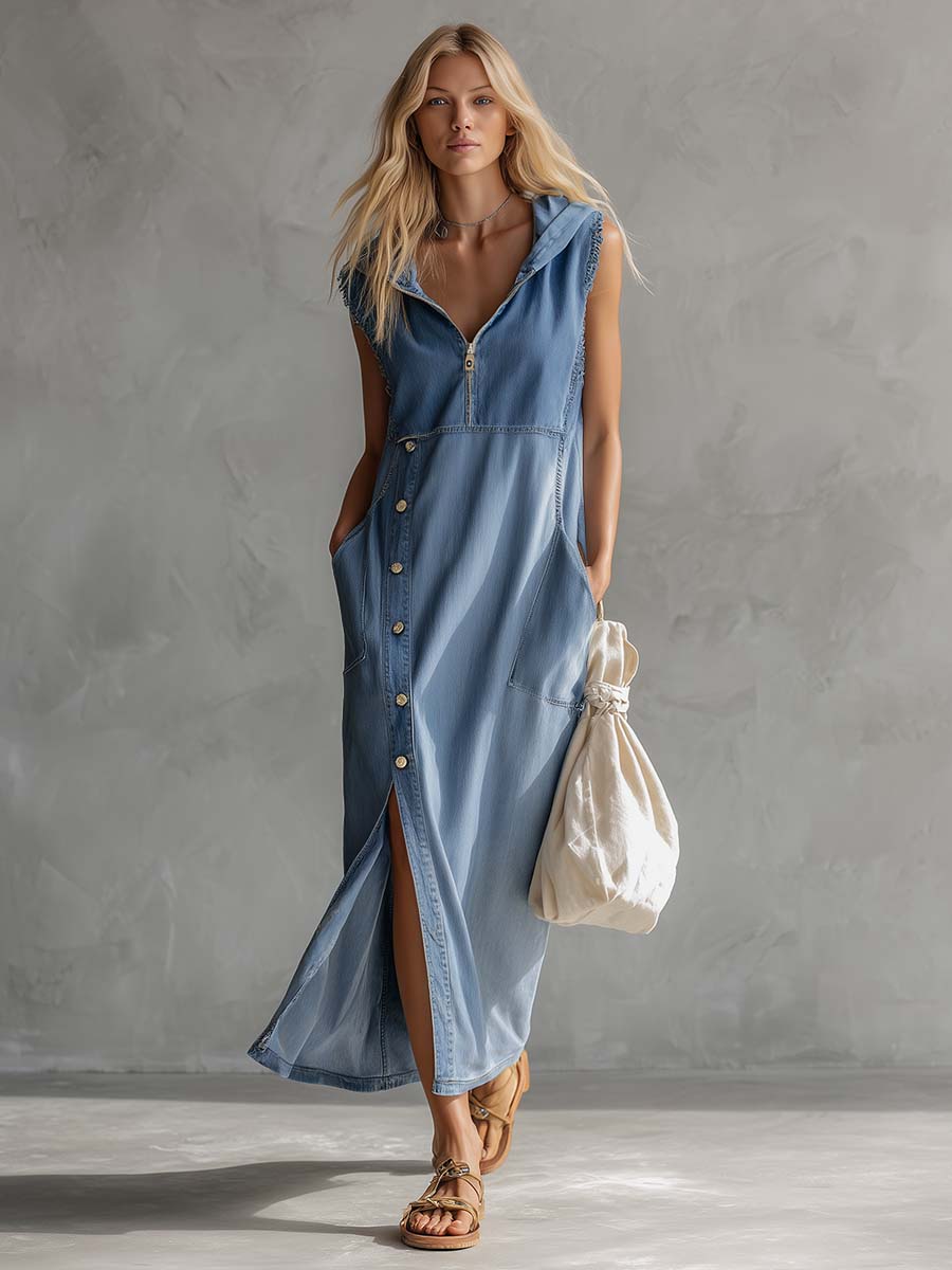 Exquisite Vintage Casual Hooded V-neck Zipper Side Slits Buttons Blue Denim Midi Dress