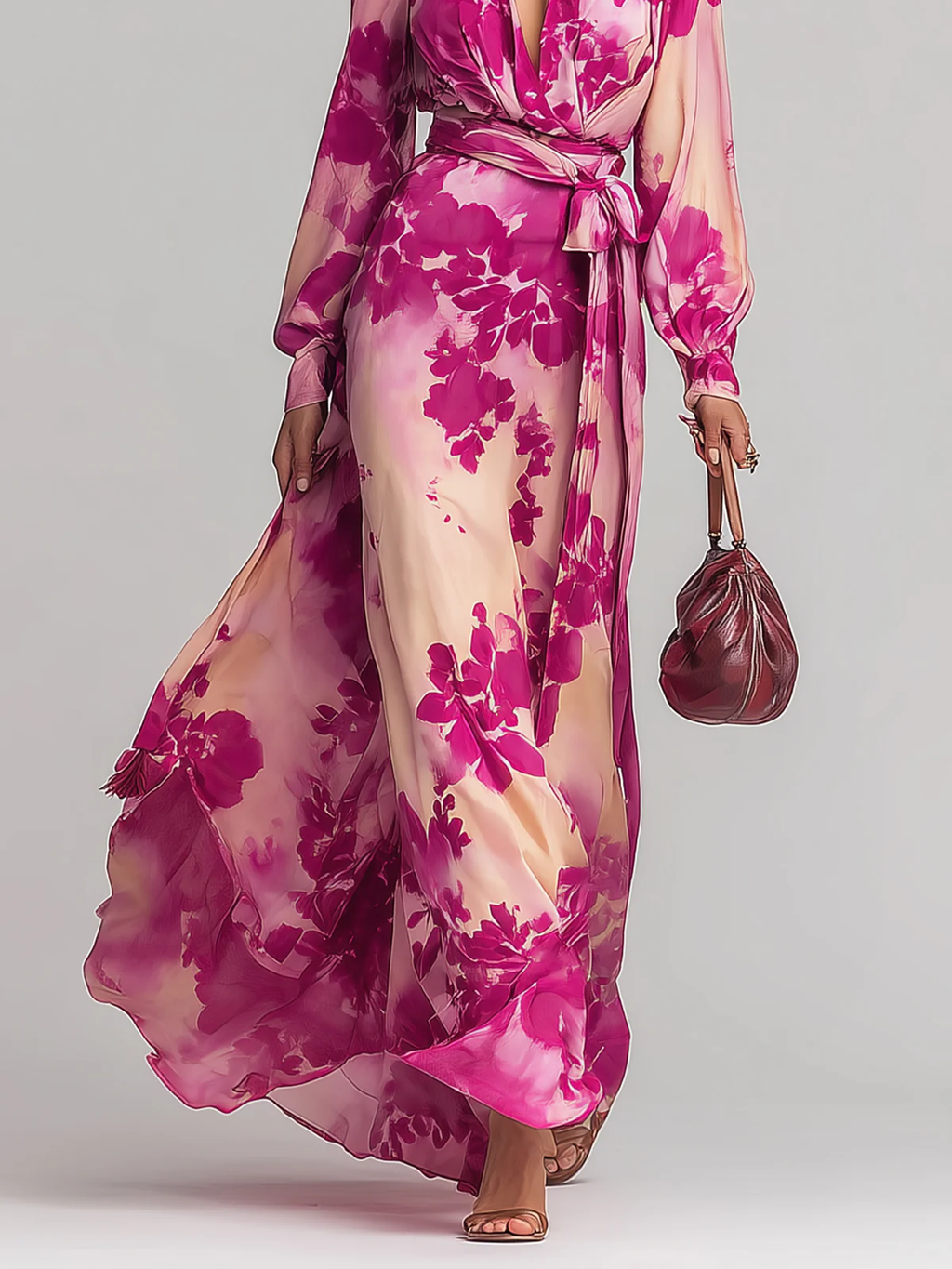Rose Red Floral V-neck Belted Maxi Dress