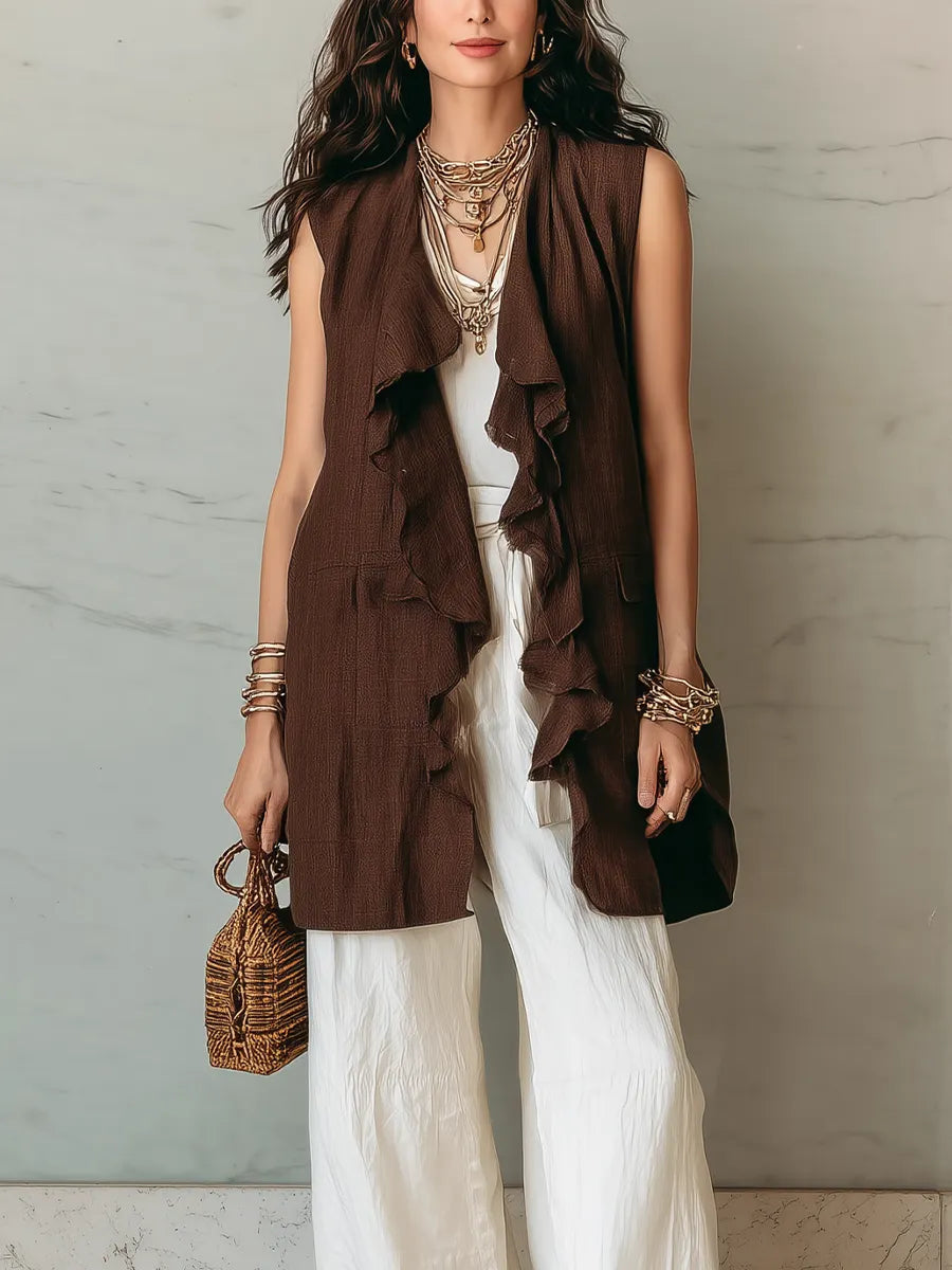 Bohemian Style Brown Sleeveless Vest With Ruffled Details White Linen Wide Leg Pants Set
