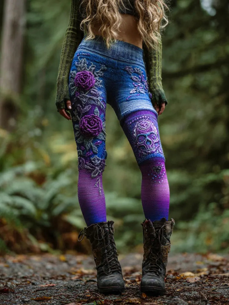 Women's Vintage Skull And Rose Patchwork Comfortable Leggings
