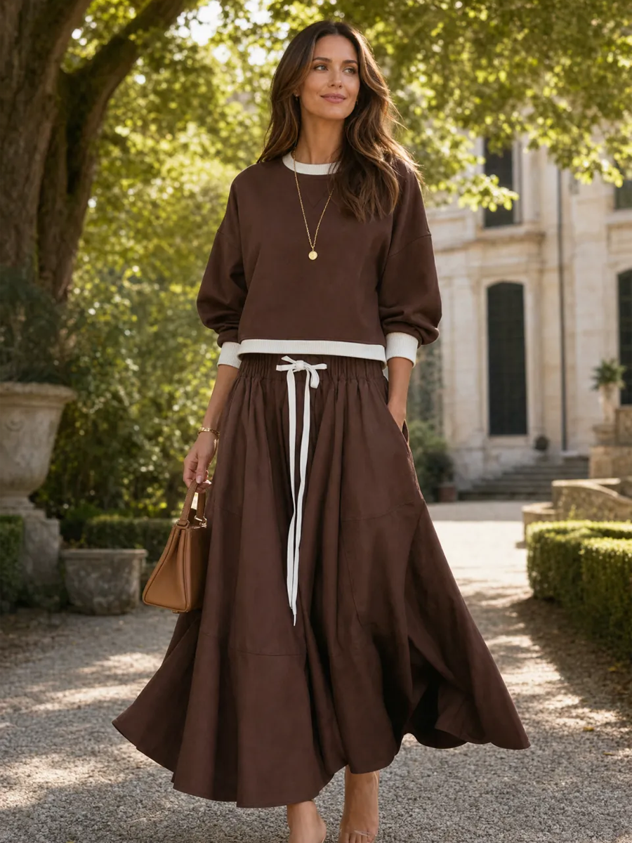 Chocolate Brown Cotton Drawstring Midi Skirt Set