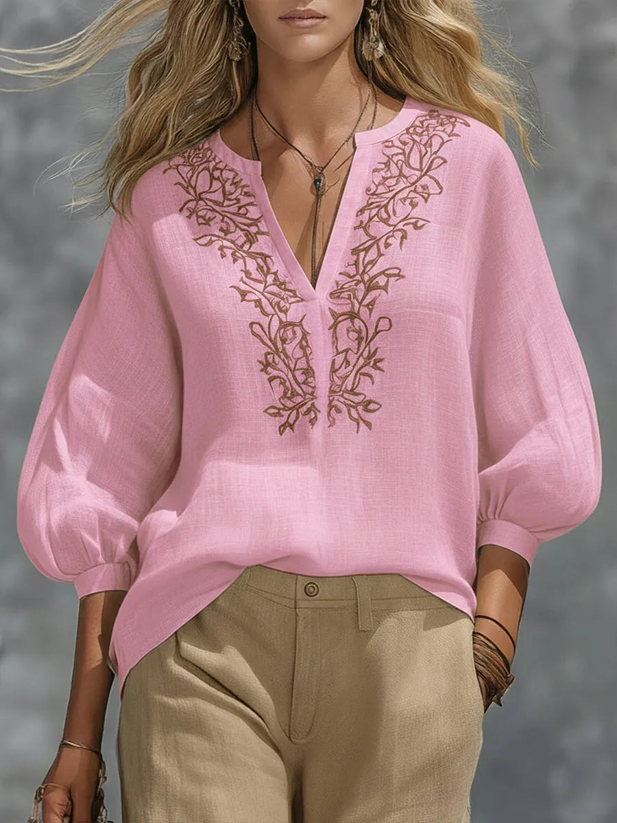 Loose-fitting V-neck Linen And Cotton Shirt