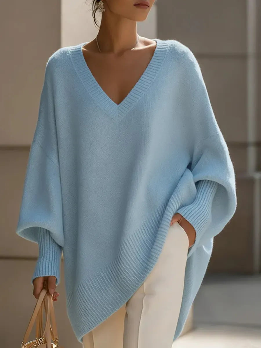 Women's Solid Color V-neck Long-sleeved Casual Loose-fitting Knitted Pullover Sweater