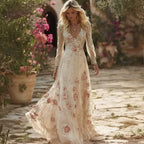 Vintage Boho Roses Embroidered Flowy Linen Maxi Dress