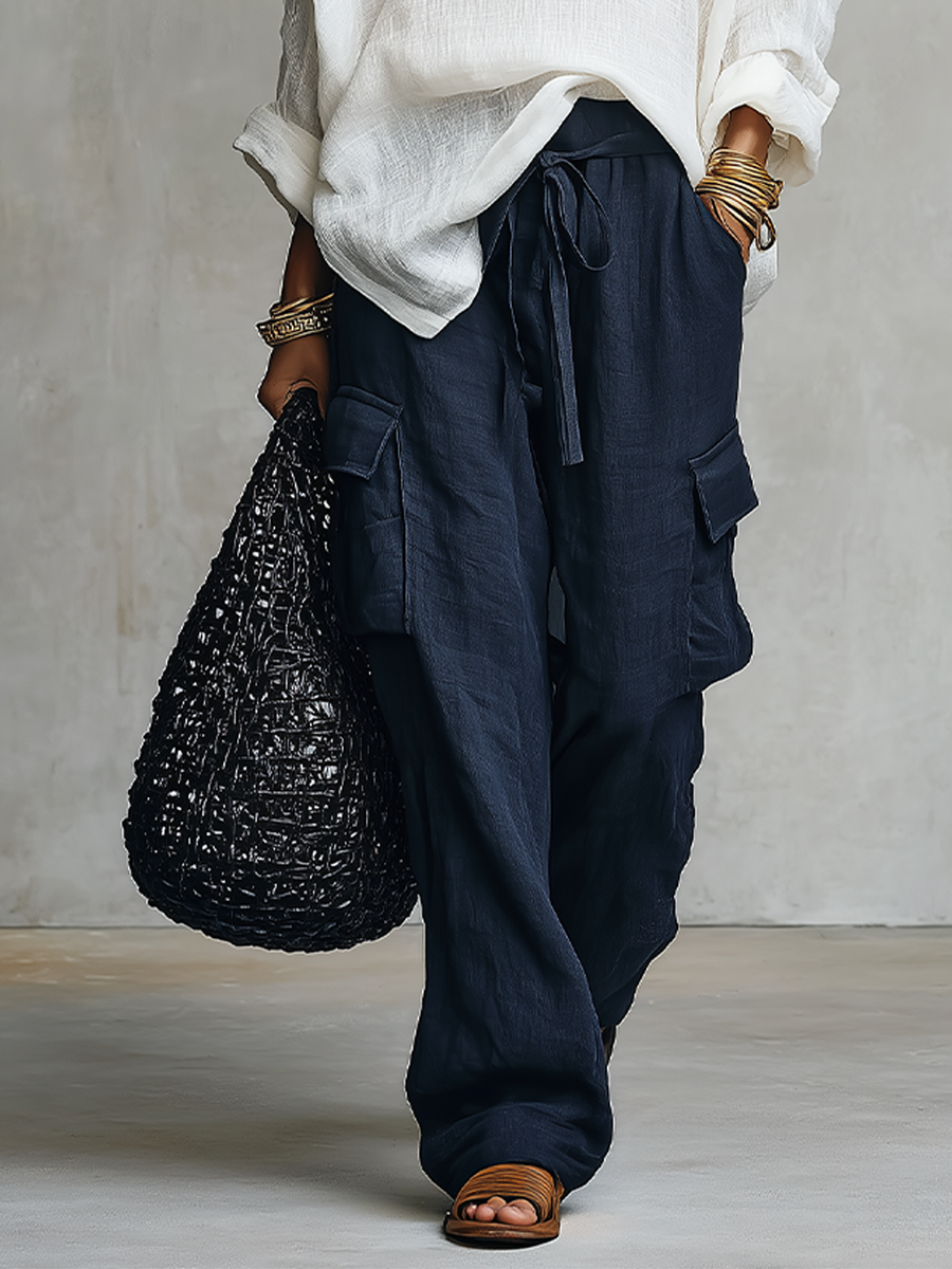Ivory Natural Linen Shirt And Dark Blue Trousers Suit