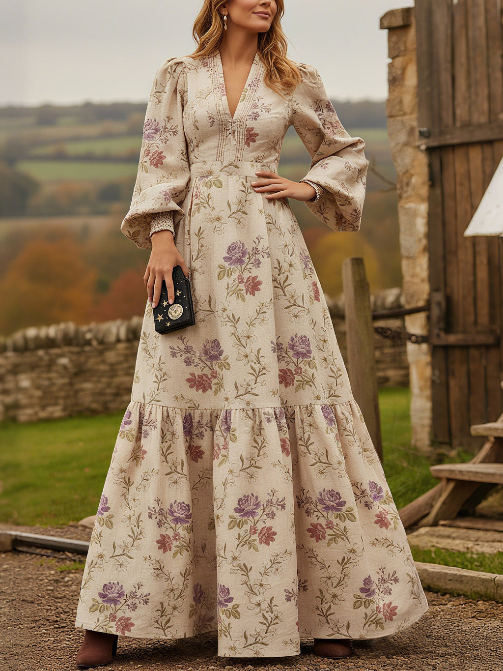 Maxi Linen Dress, Long Sleeves, V Neck, Floral, Vintage, Apricot