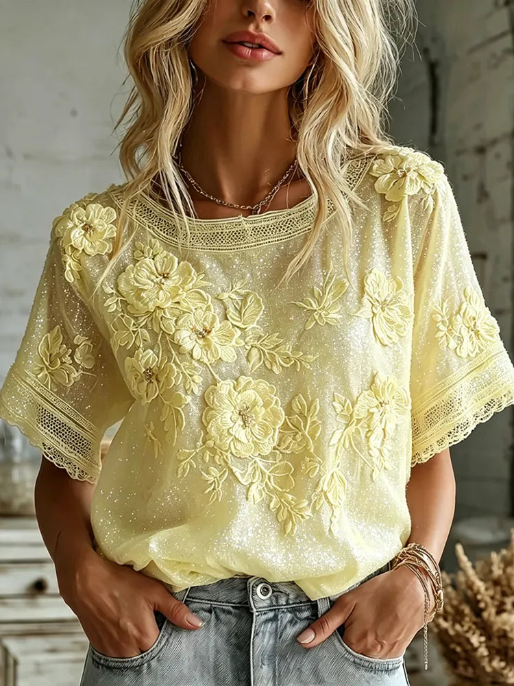 Women's Vintage Summer Romantic Yellow Rose Art Linen Blend Short Sleeve Tops