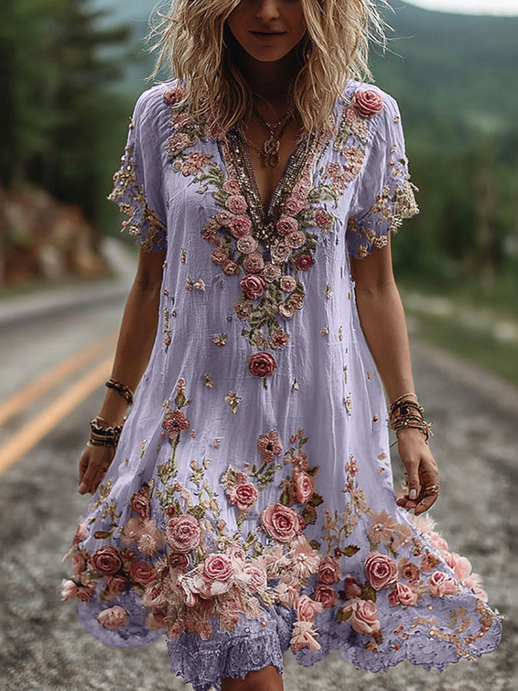 Vintage Floral Embroidery Short-sleeved Dress