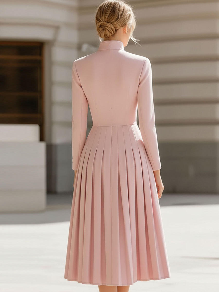 Elegant Blush Pink Pleated Midi Dress With Stand Collar