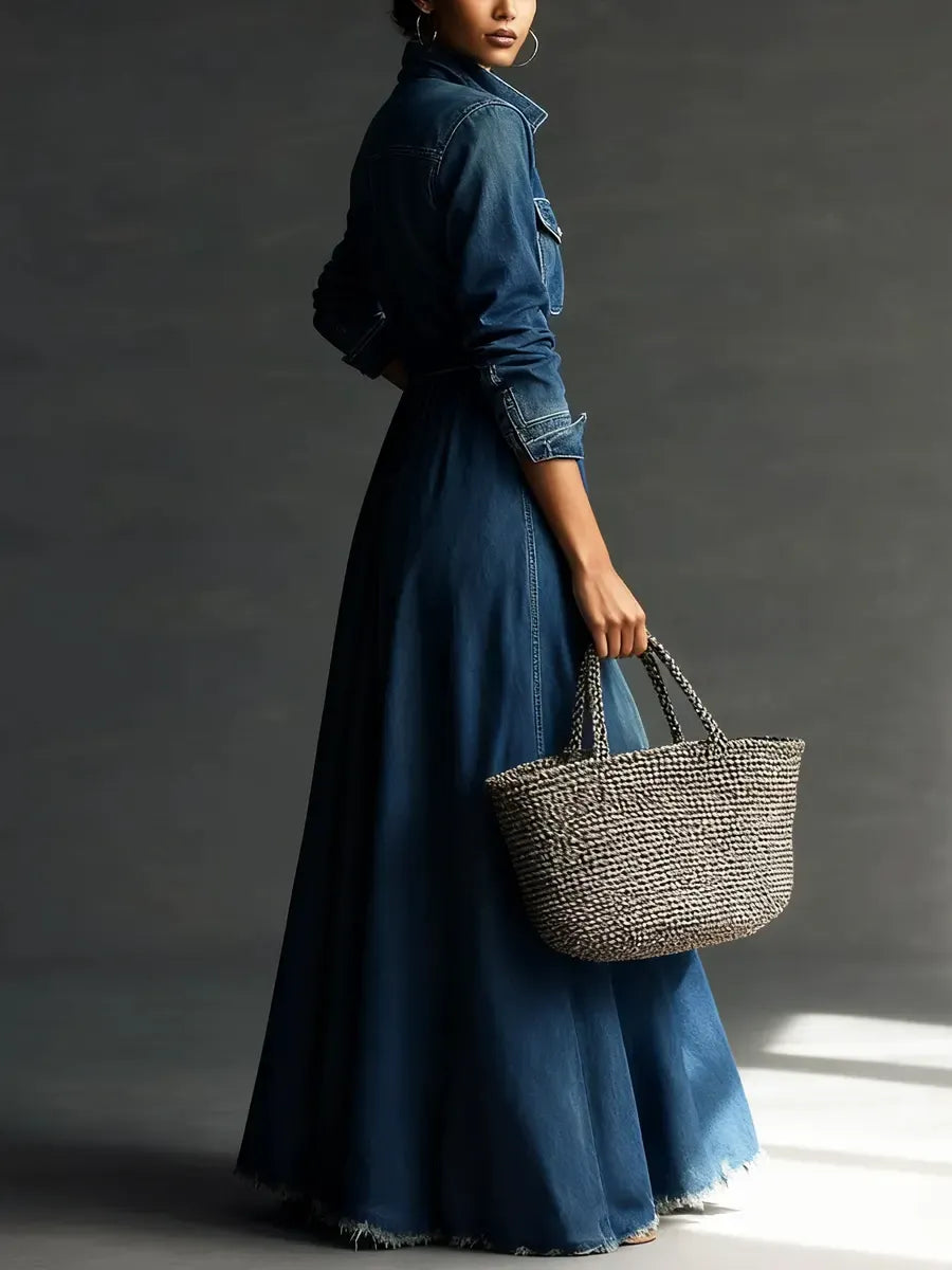 Women Stylish Art Stand Collar Washed Denim Midi Dress