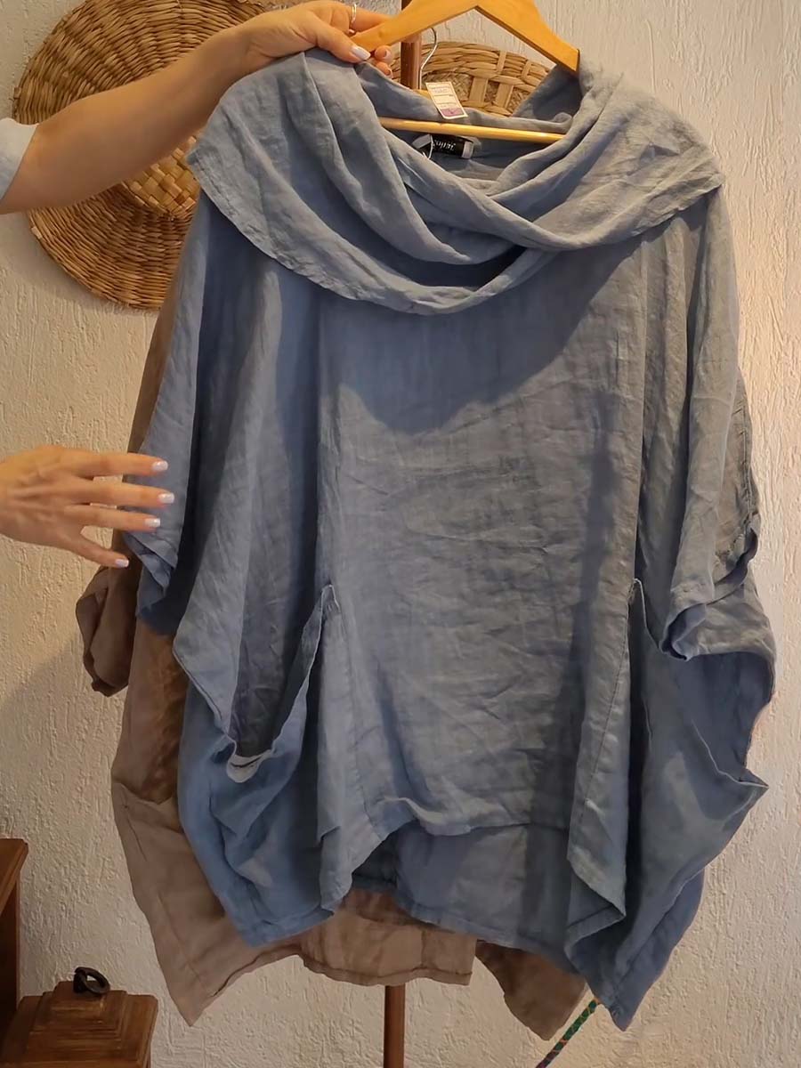 Women's Solid Color Draped Neck 3/4 Sleeve Comfortable Casual Linen Pocket Top