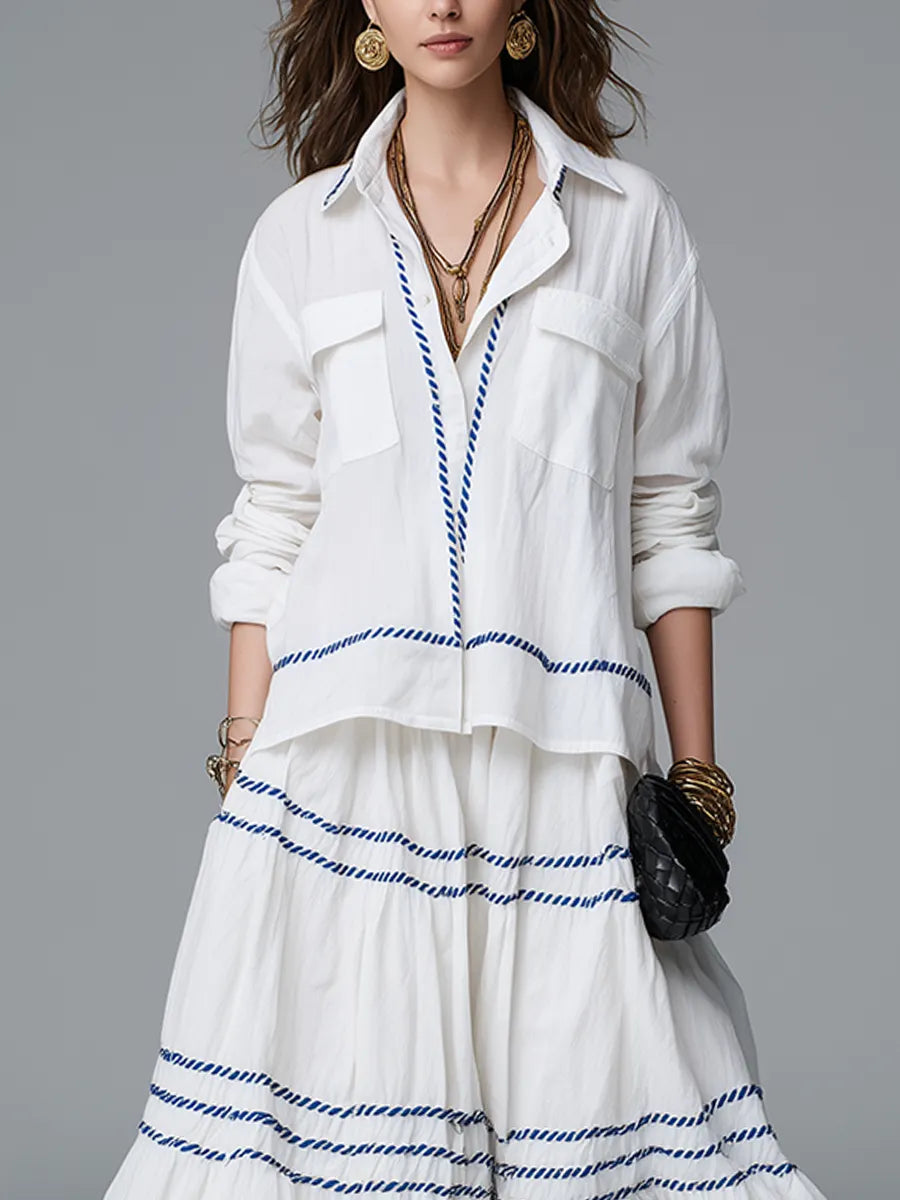 Bohemian Style Cotton And Linen White Midi Skirt Suit