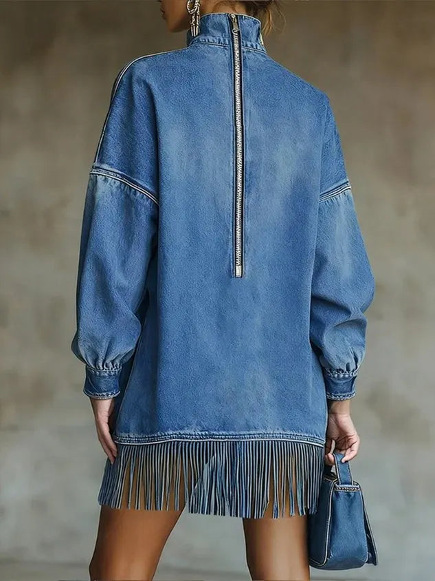 Women Casual Denim Blue Mini Dress Turtleneck H-Line Fall Daily