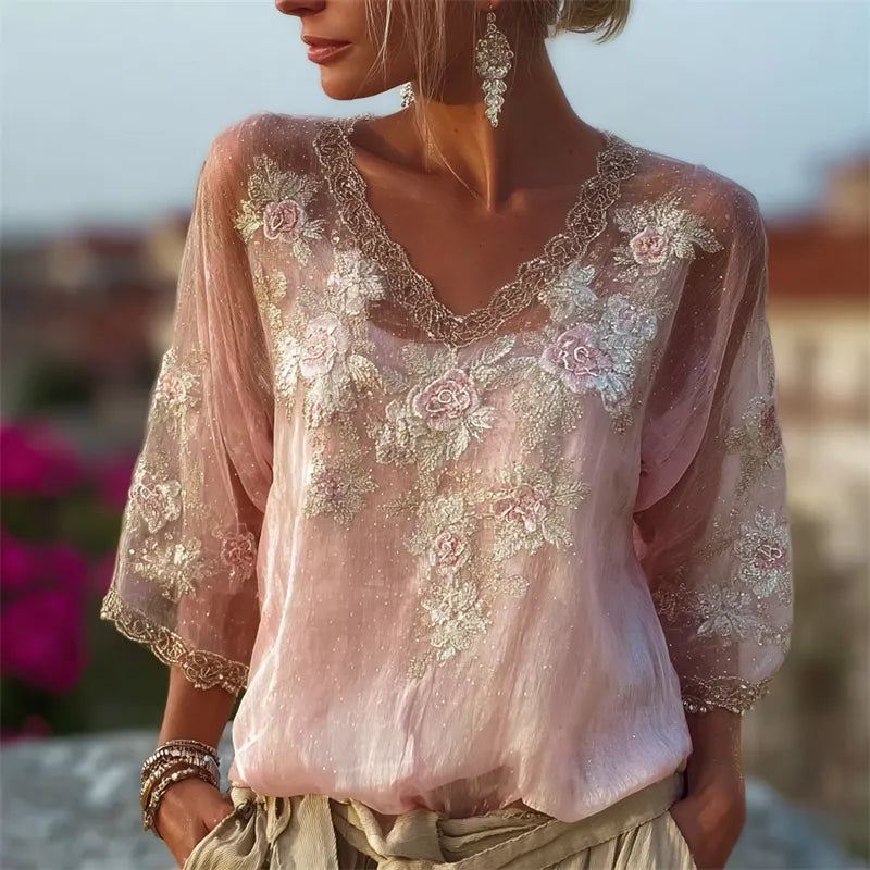 Classy Pink Roses Embroidered Lace Trim Flowy Linen Tunic
