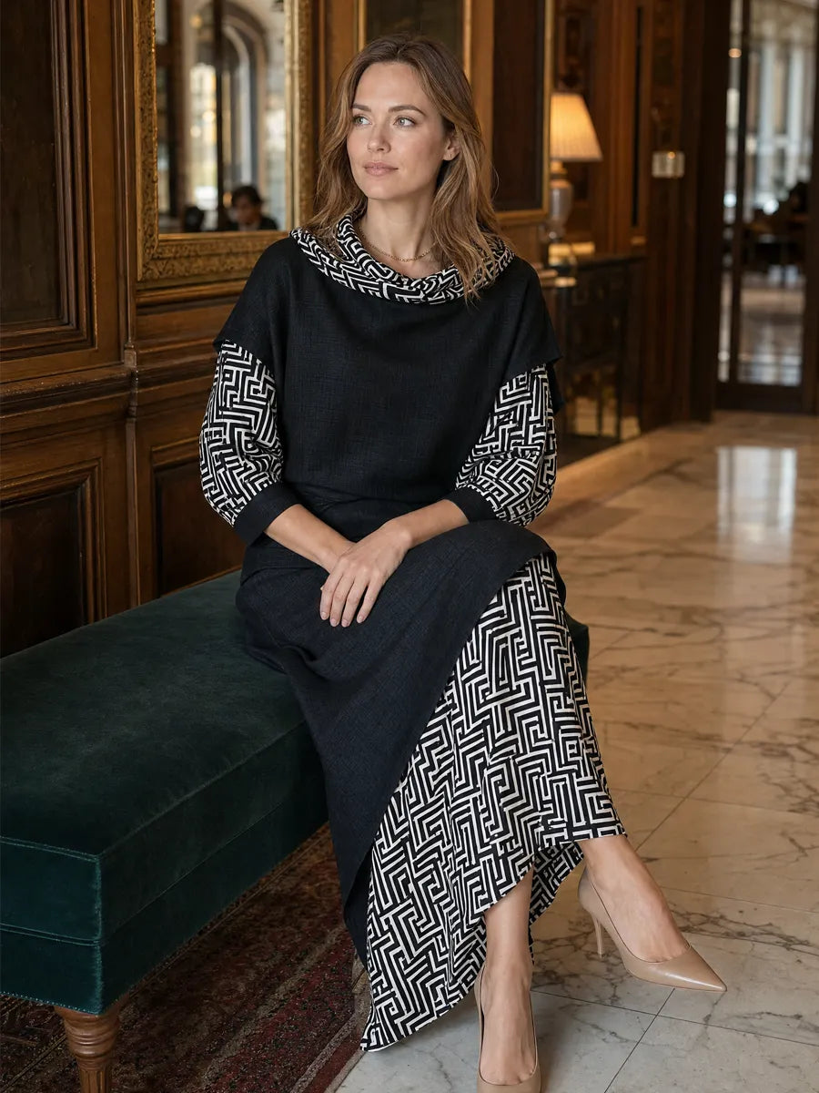 Black Linen Geometric Print Turtleneck Skirt Set
