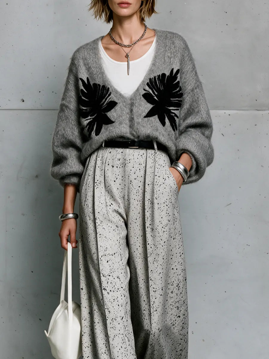 Effortless Chic V-Neck Cardigan & Abstract Palazzo Pants Outfit